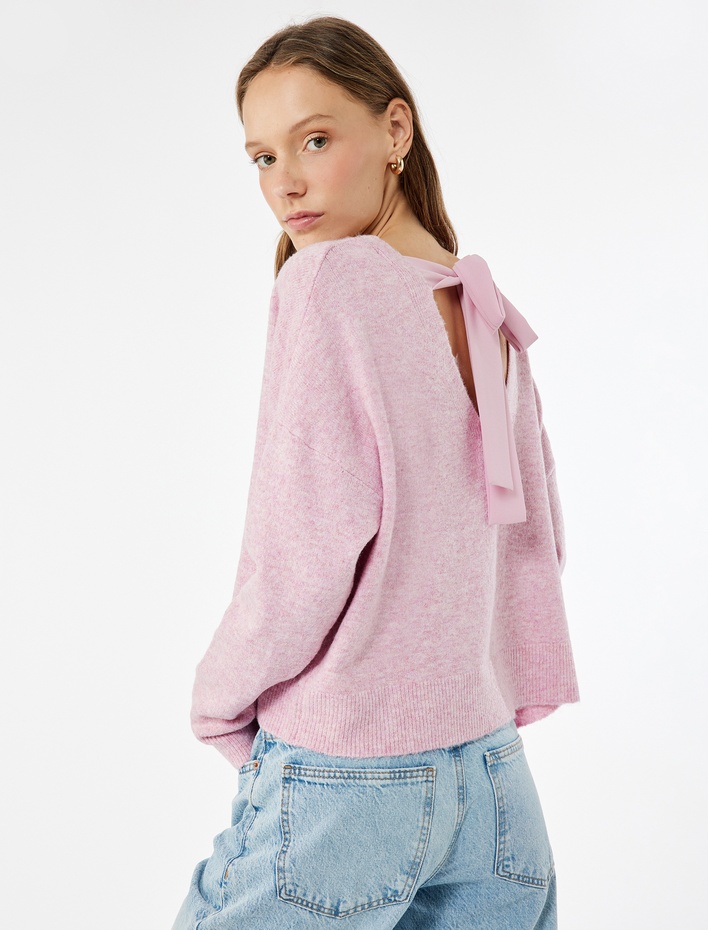  Fiyonk Bağlama Detaylı Bisiklet Yaka Uzun Kollu Triko Kazak