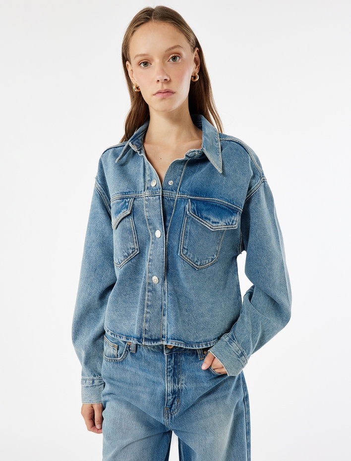  Klasik Yaka Uzun Kollu Pamuklu Düğmeli Cepli Taşlı Denim Ceket