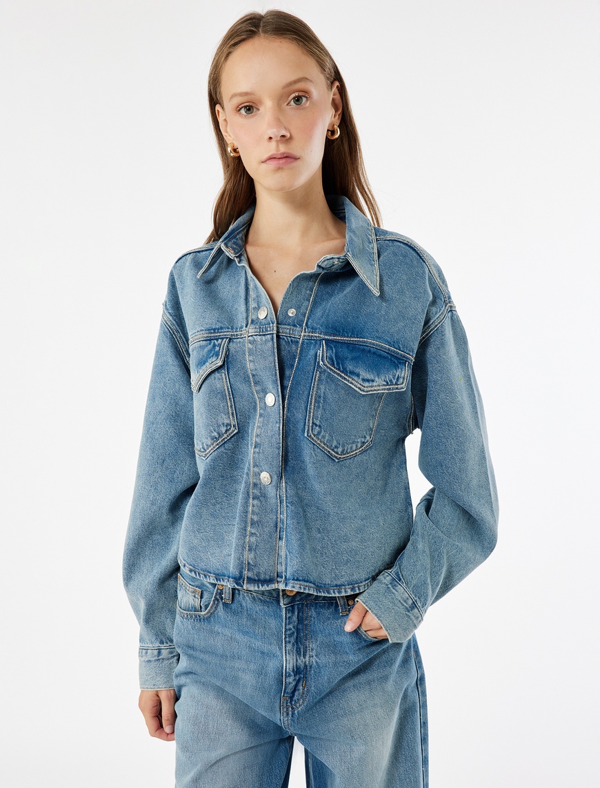   Klasik Yaka Uzun Kollu Pamuklu Düğmeli Cepli Taşlı Denim Ceket