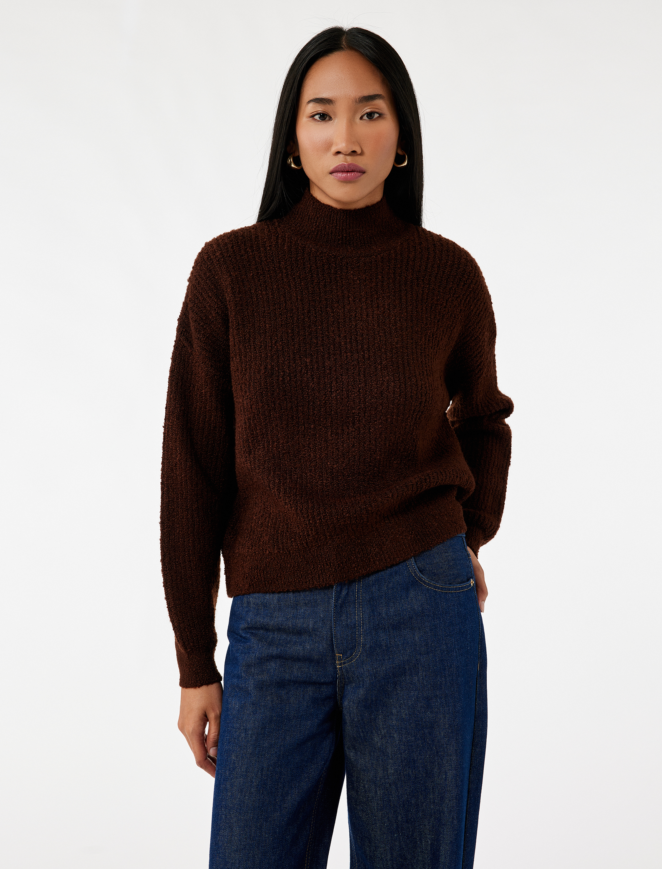   Uzun Kollu Dik Yaka Oversize Triko Kazak