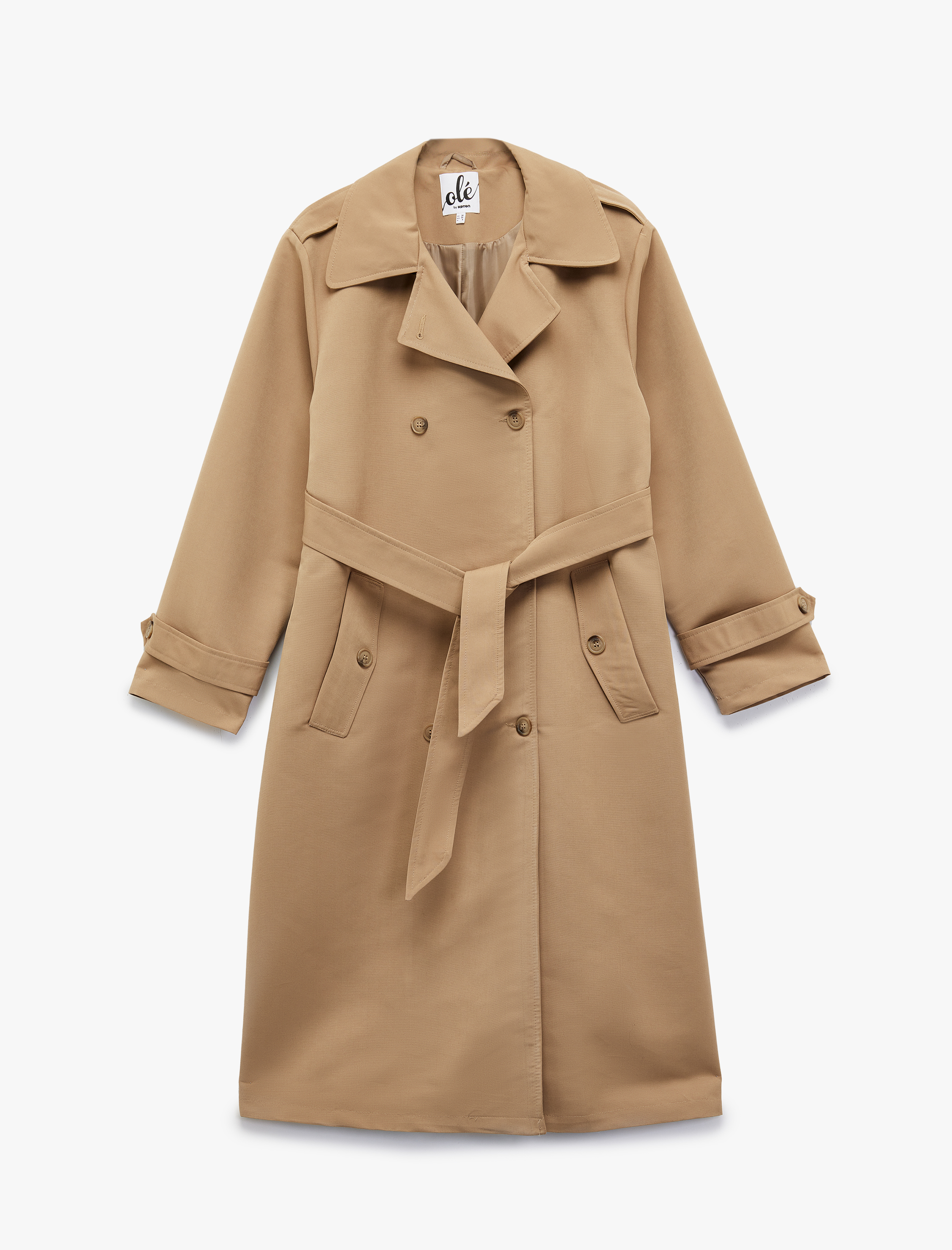   Uzun Kollu Düğmeli Kemer Detaylı Cepli Kruvaze Yaka Trençkot