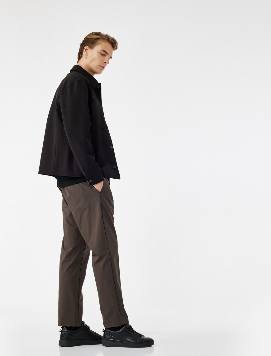   Beli Bağcıklı Düğmeli Duble Paça Ütü Gerektirmeyen Esnek Slim Fit Pantolon
