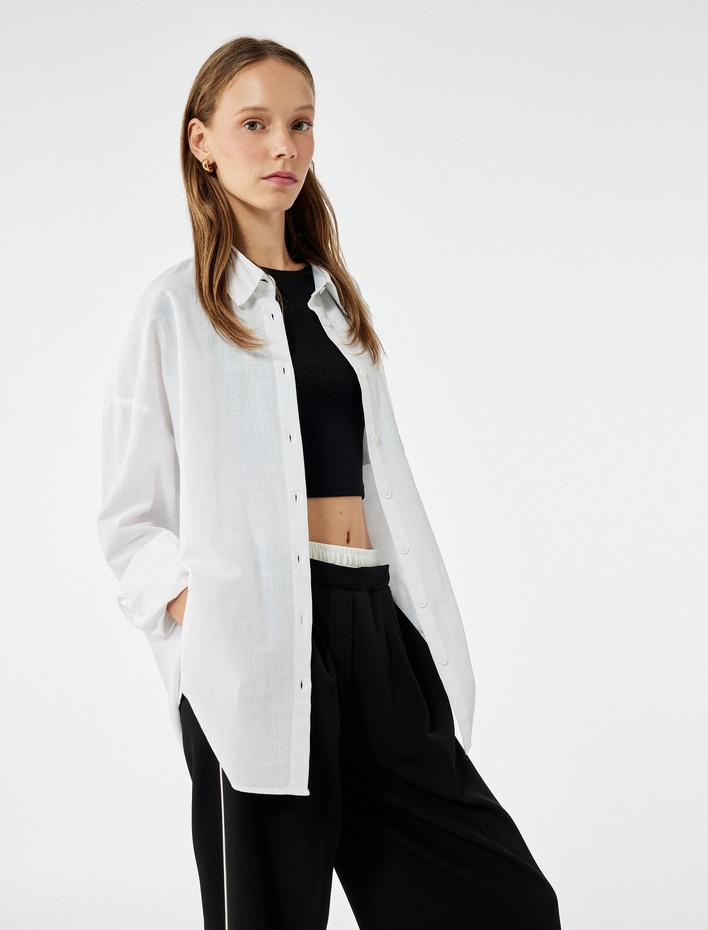  Pamuklu Klasik Yaka Düğmeli Uzun Kollu Oversize Gömlek