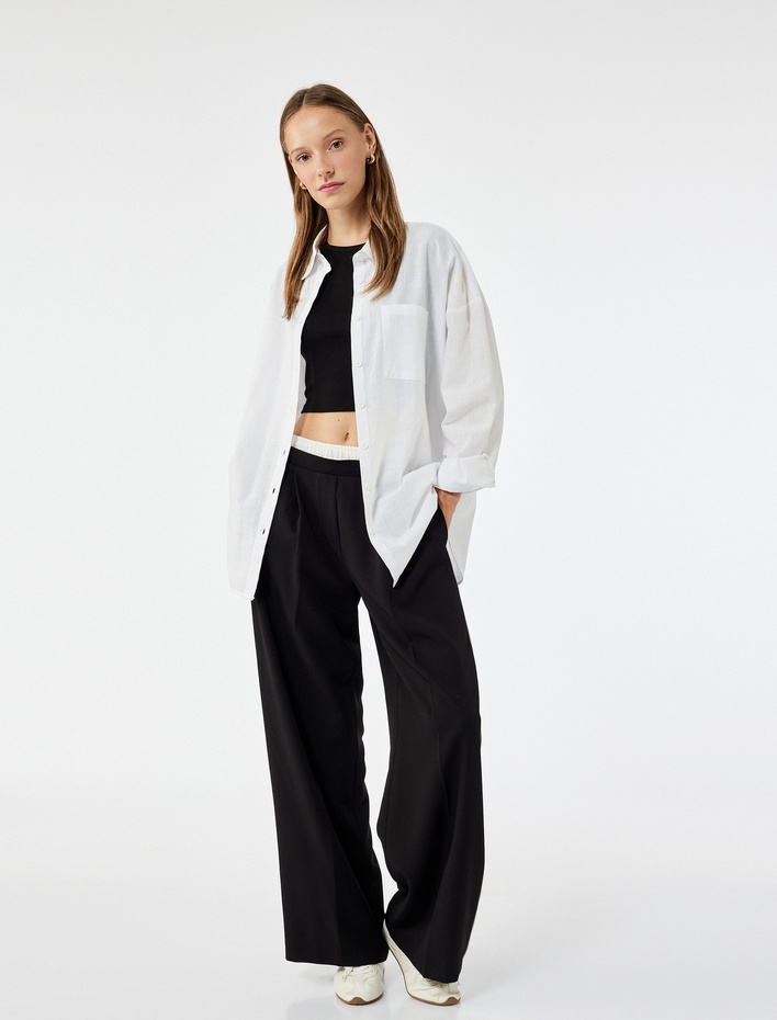  Pamuklu Klasik Yaka Düğmeli Uzun Kollu Oversize Gömlek