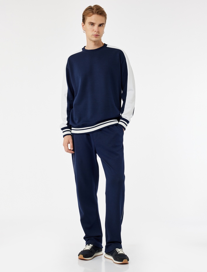  Uzun Kollu Renk Kontrastlı Pamuklu Bisiklet Yaka Sweatshirt