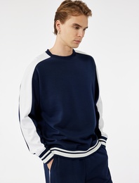 Uzun Kollu Renk Kontrastlı Pamuklu Bisiklet Yaka Sweatshirt