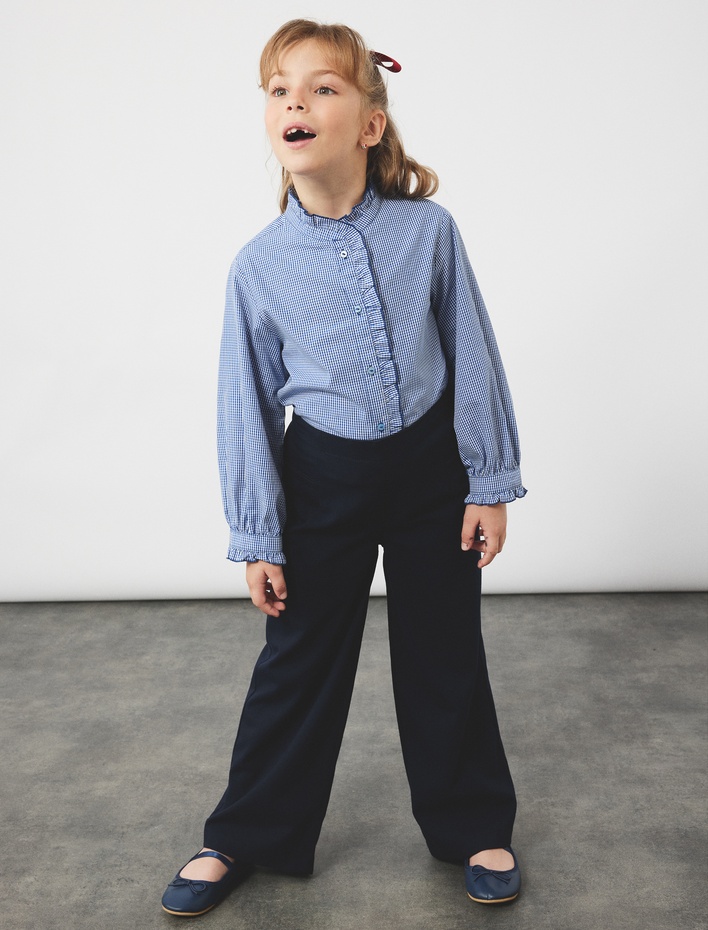 Kız Çocuk Düğmeli Uzun Kollu Fırfır Detaylı Pamuklu Gömlek