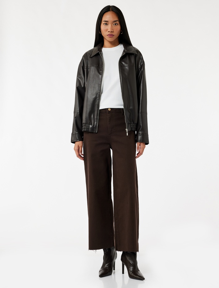  Yüksek Bel Düğmeli Cepli Rahat Kalıp Geniş Paça Denim Pantolon - Culotte Jeans