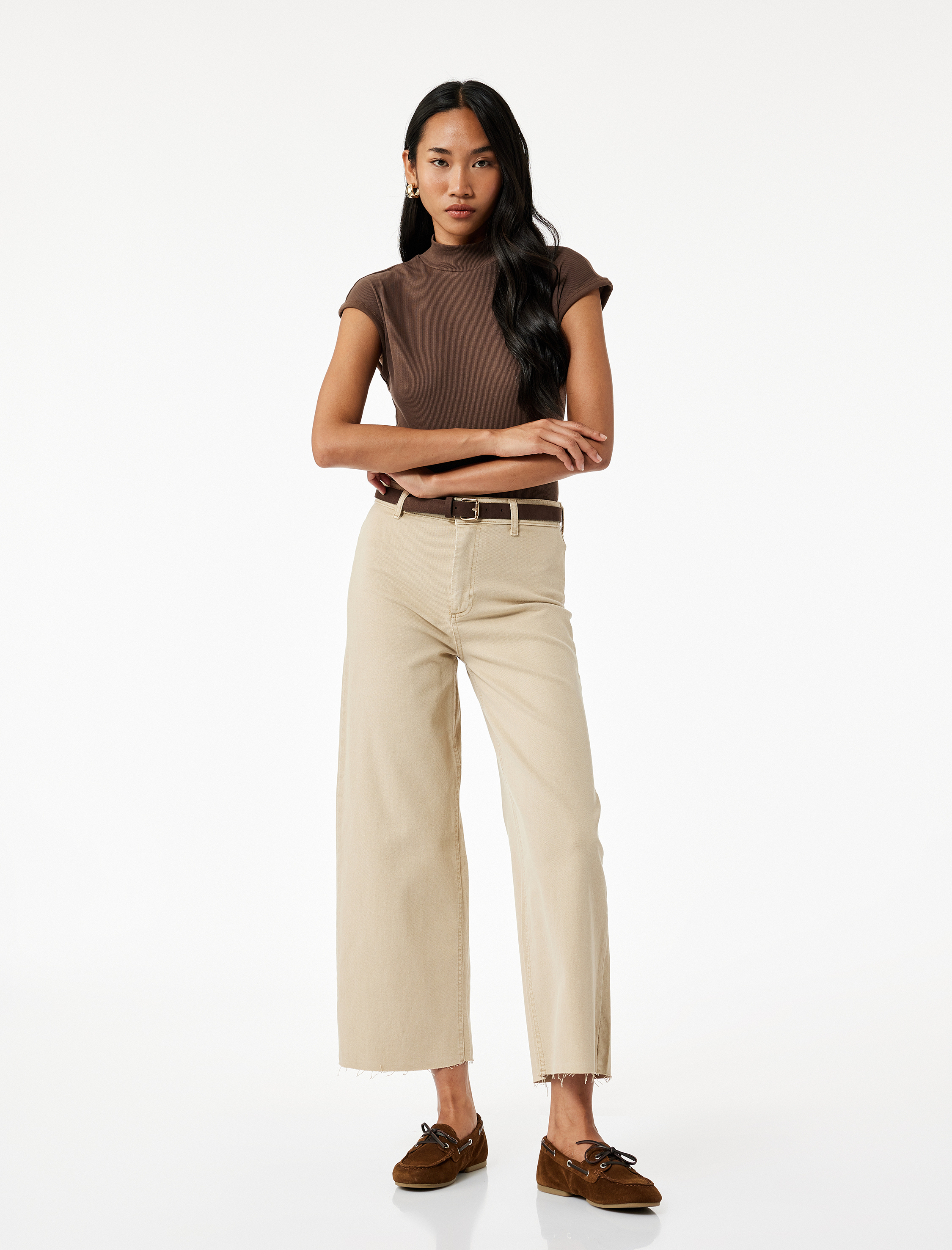   Yüksek Bel Düğmeli Cepli Rahat Kalıp Geniş Paça Denim Pantolon - Culotte Jeans