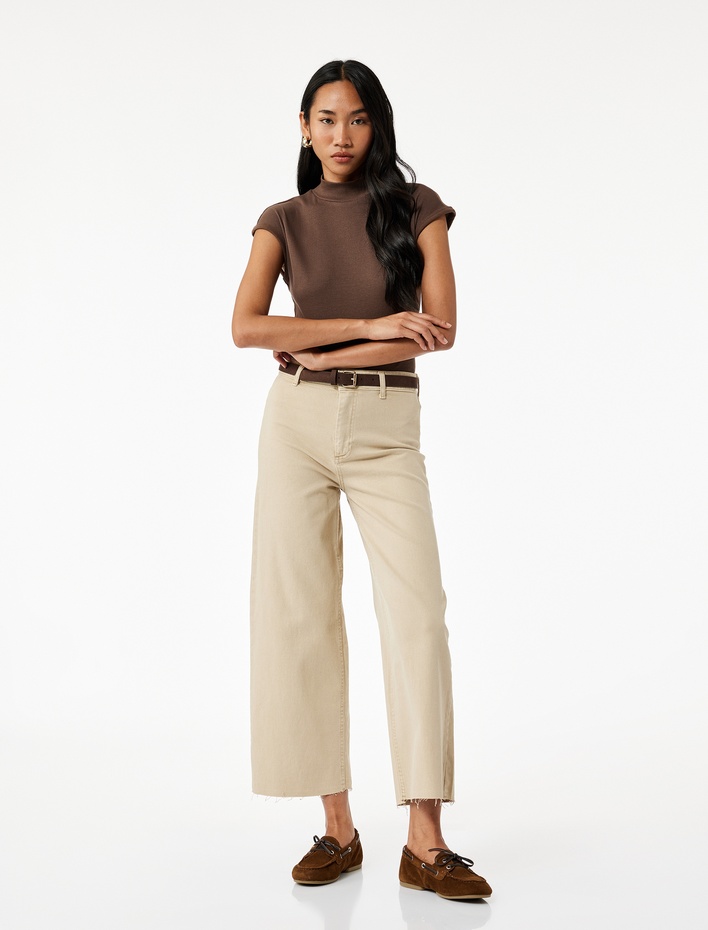  Yüksek Bel Düğmeli Cepli Rahat Kalıp Geniş Paça Denim Pantolon - Culotte Jeans