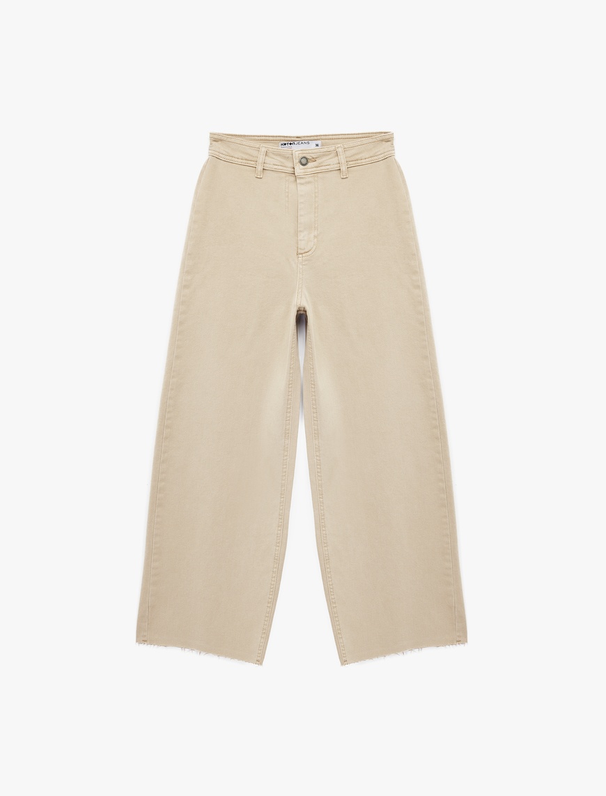   Yüksek Bel Düğmeli Cepli Rahat Kalıp Geniş Paça Denim Pantolon - Culotte Jeans