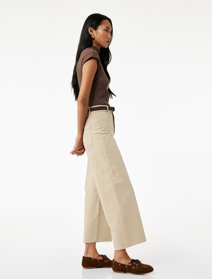  Yüksek Bel Düğmeli Cepli Rahat Kalıp Geniş Paça Denim Pantolon - Culotte Jeans