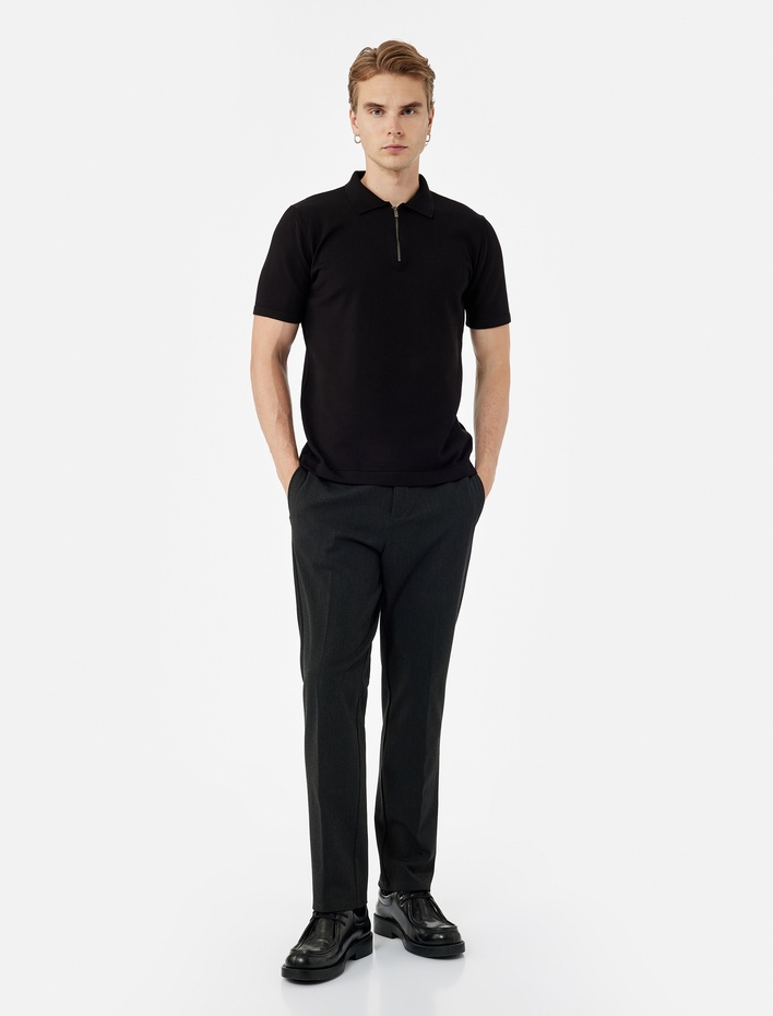  Viskon Regular Fit Polo Yaka Yarım Fermuarlı Kısa Kollu Triko Tişört