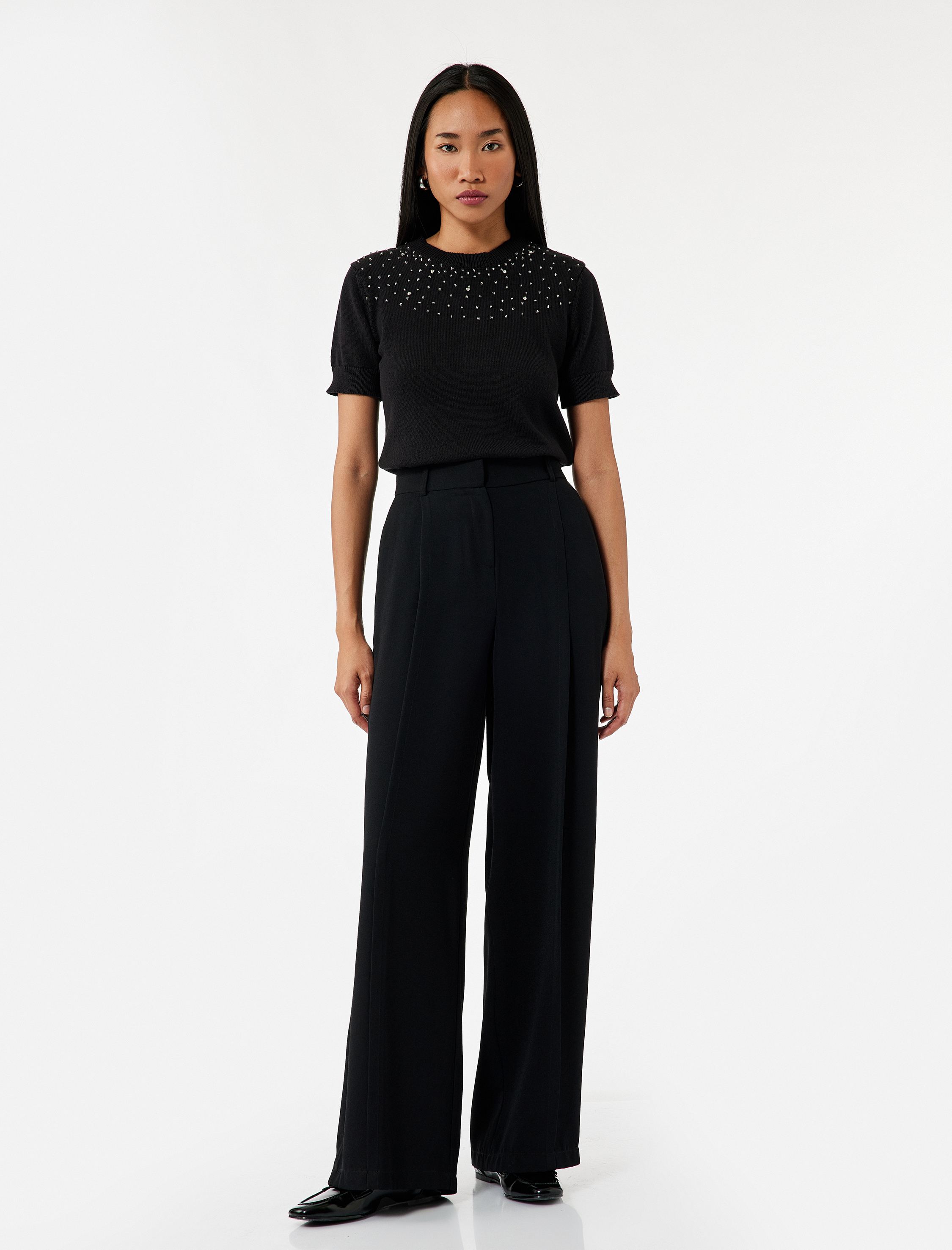   Kısa Kollu Bisiklet Yaka Taşlı Triko Kazak