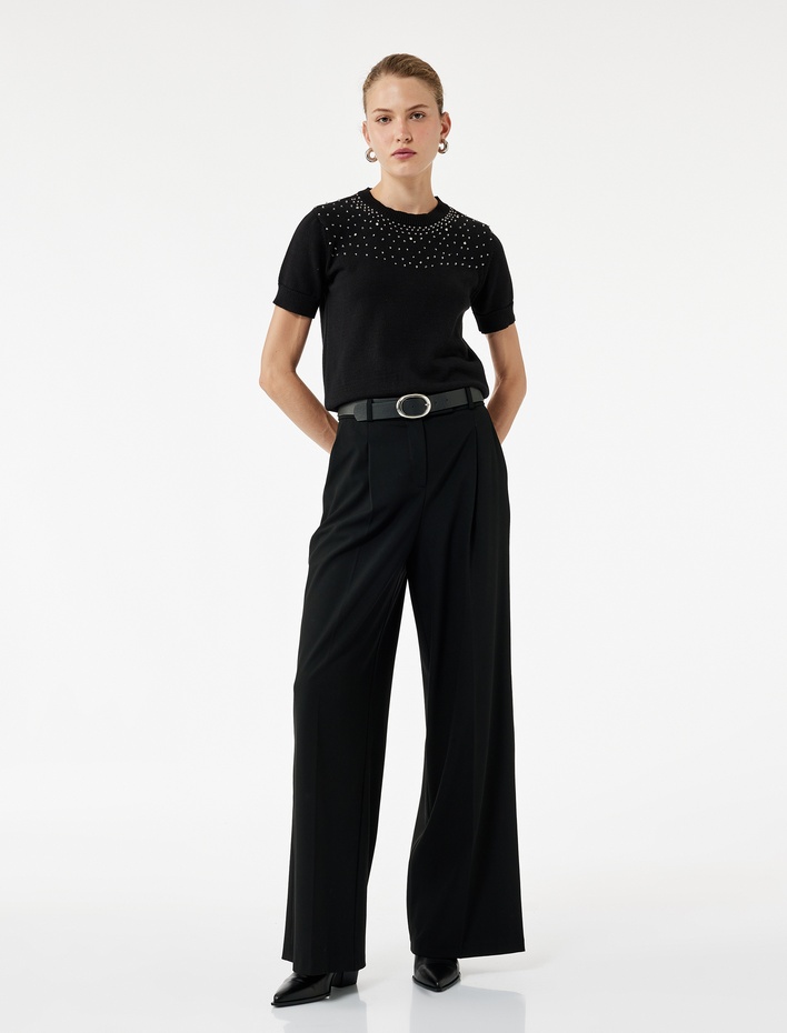  Kısa Kollu Bisiklet Yaka Taşlı Triko Kazak