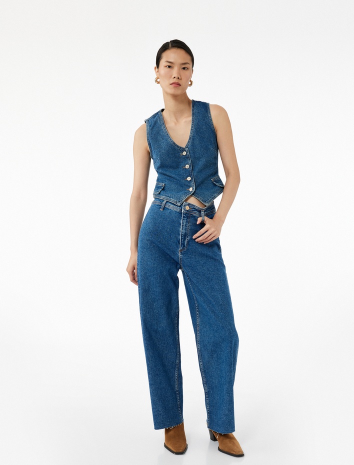  Yüksek Bel Rahat Kesim Geniş Paça Pamuklu Jean Pantolon - Culotte Jeans