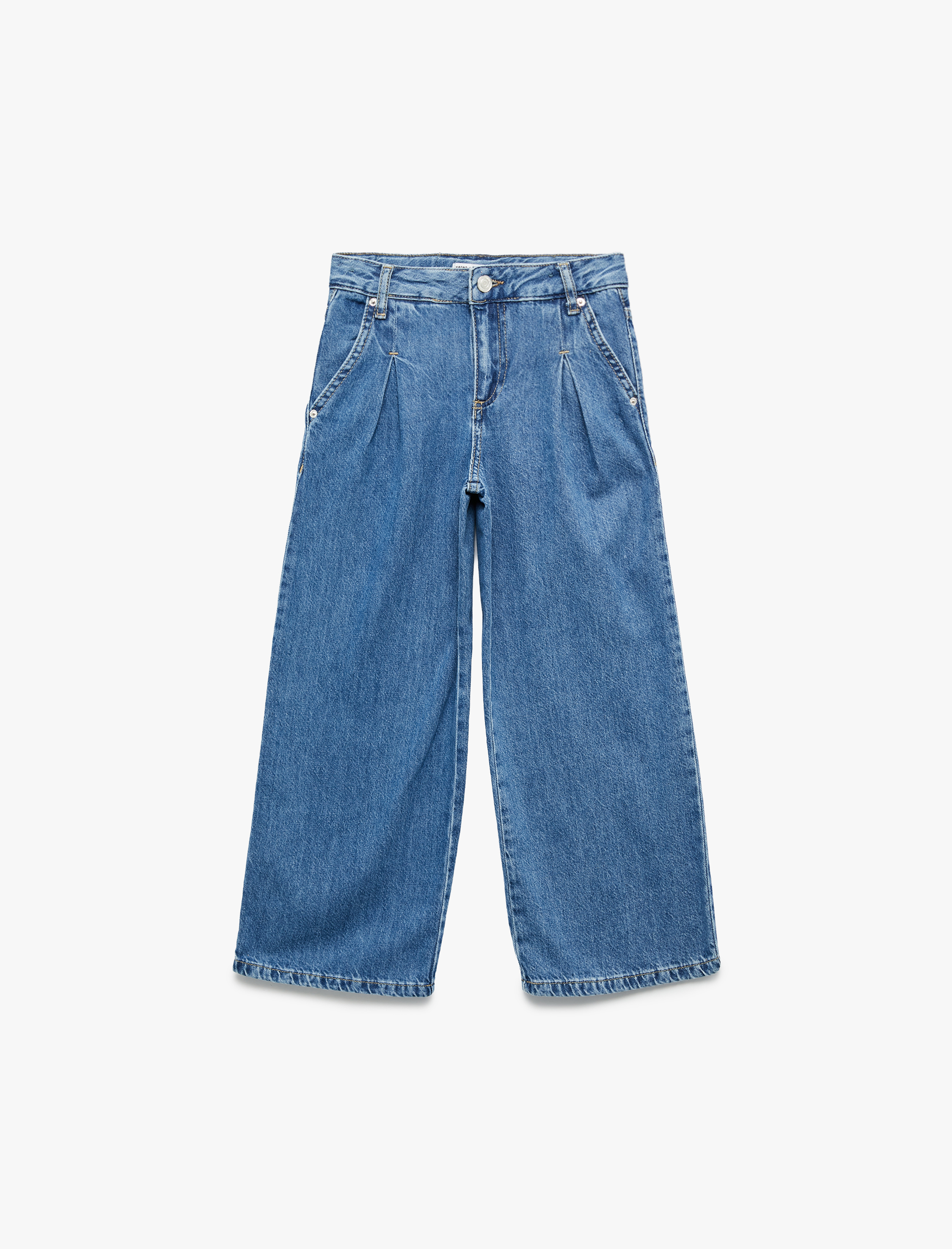  Kız Çocuk Pamuklu Cepli Geniş Paça Denim Pantolon