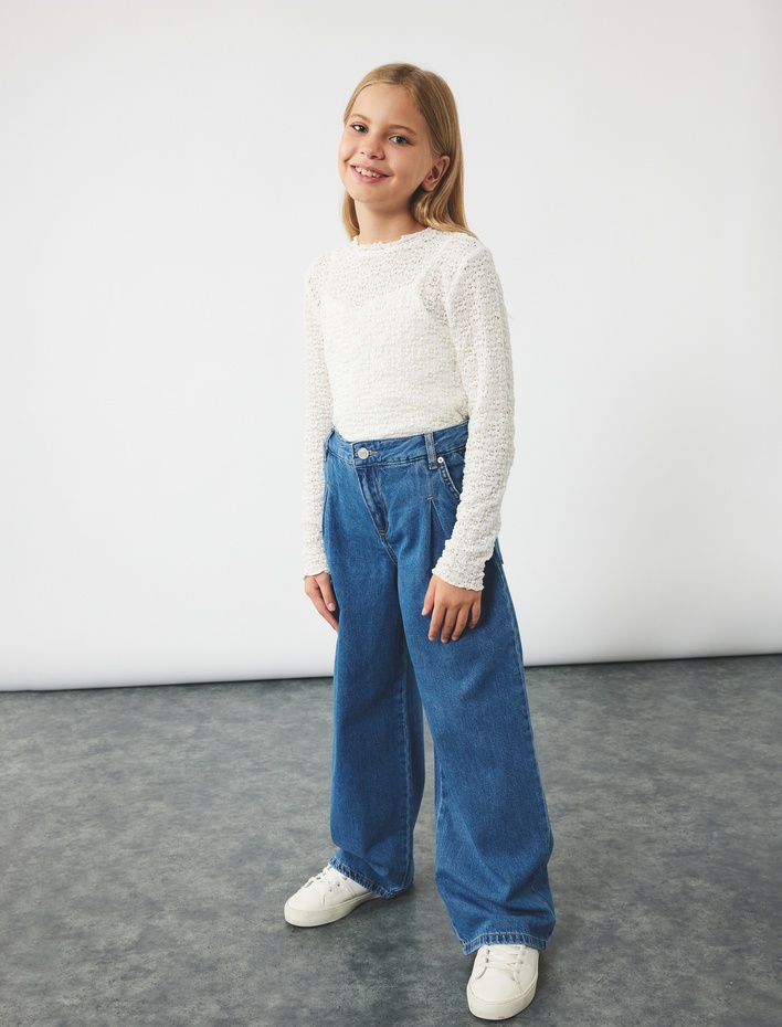 Kız Çocuk Pamuklu Cepli Geniş Paça Denim Pantolon