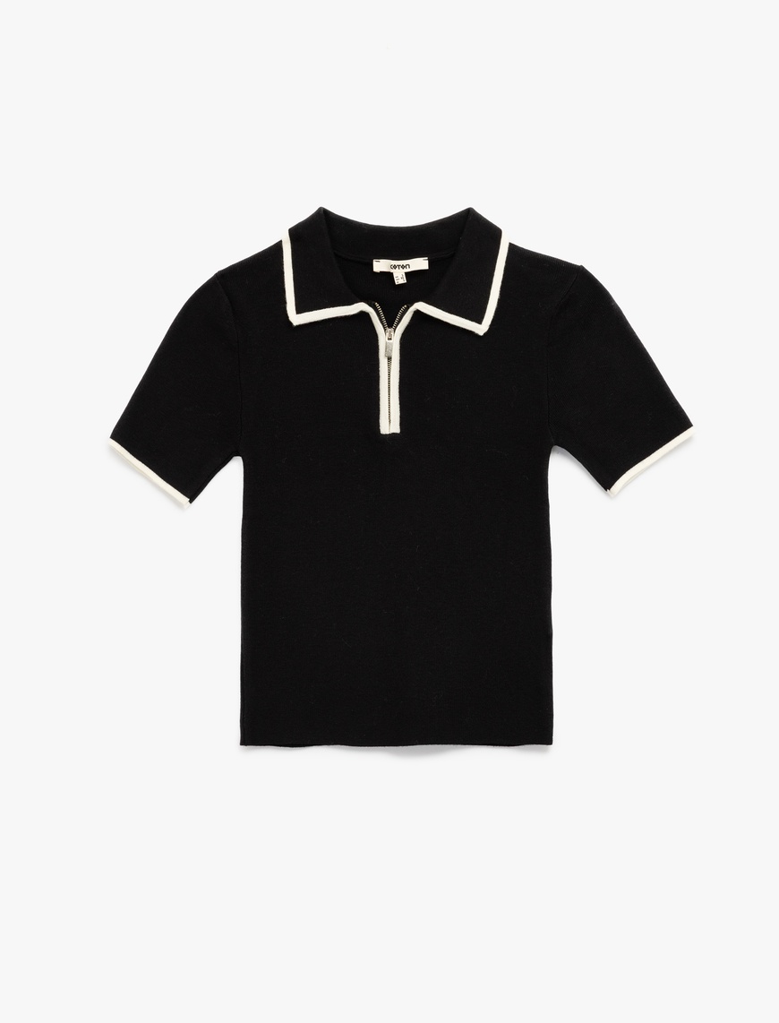  Regular Fit Kısa Kollu Polo Yaka Yarım Fermuarlı Triko Kazak