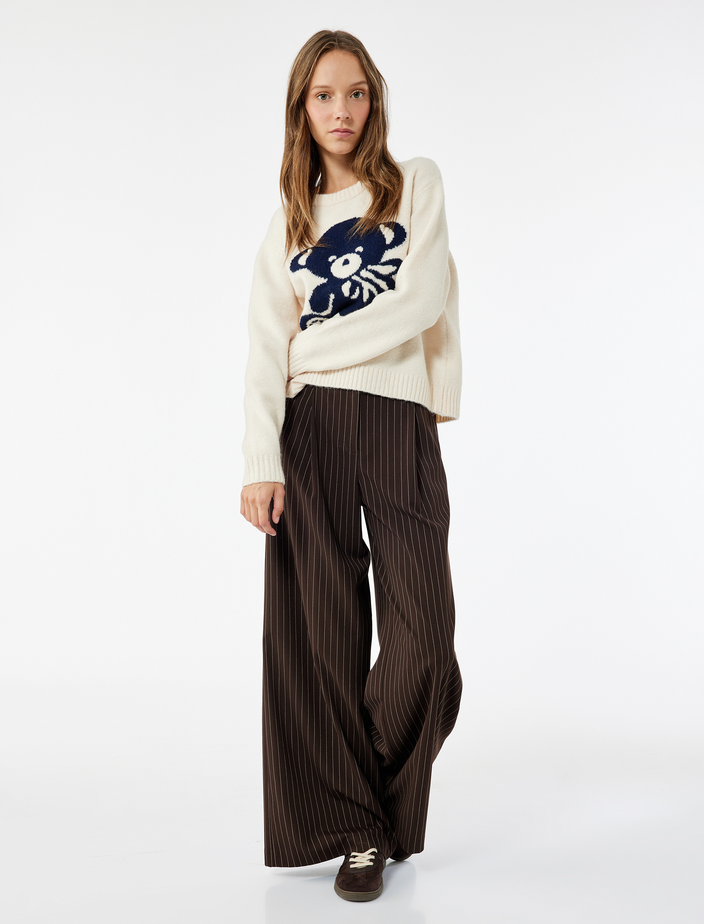   Ayıcık İşlemeli Uzun Kollu Bisiklet Yaka Triko Kazak