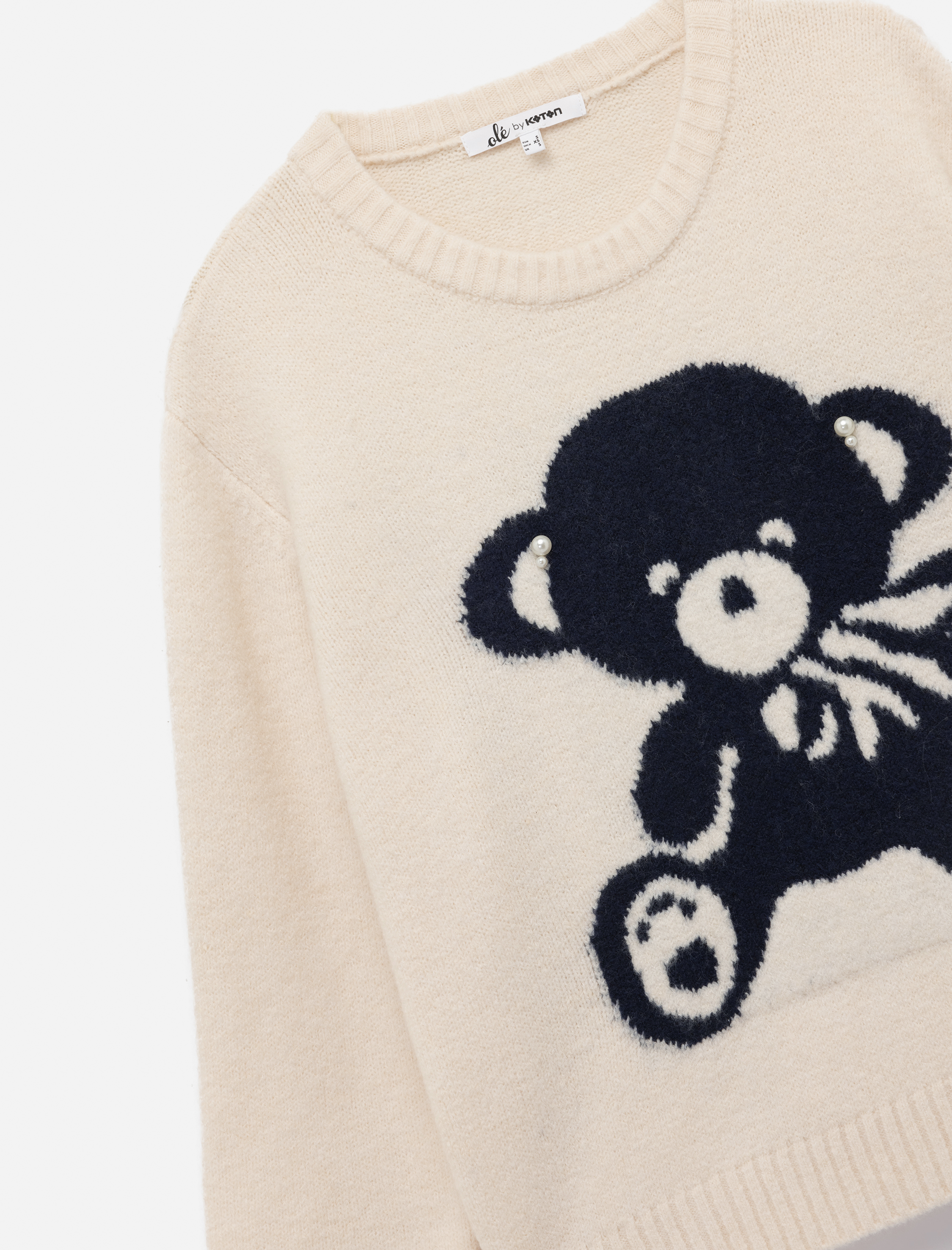   Ayıcık İşlemeli Uzun Kollu Bisiklet Yaka Triko Kazak