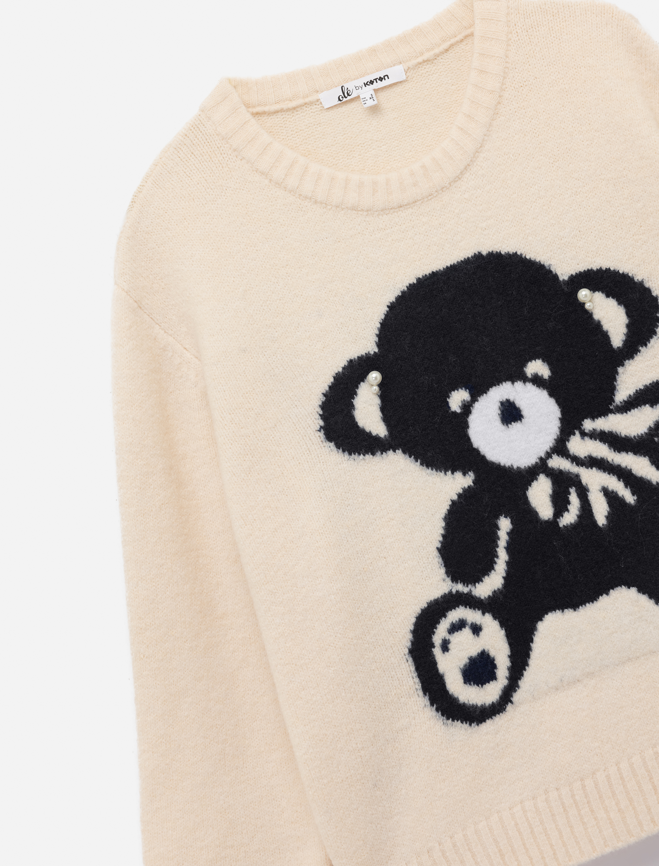   Ayıcık İşlemeli Uzun Kollu Bisiklet Yaka Triko Kazak