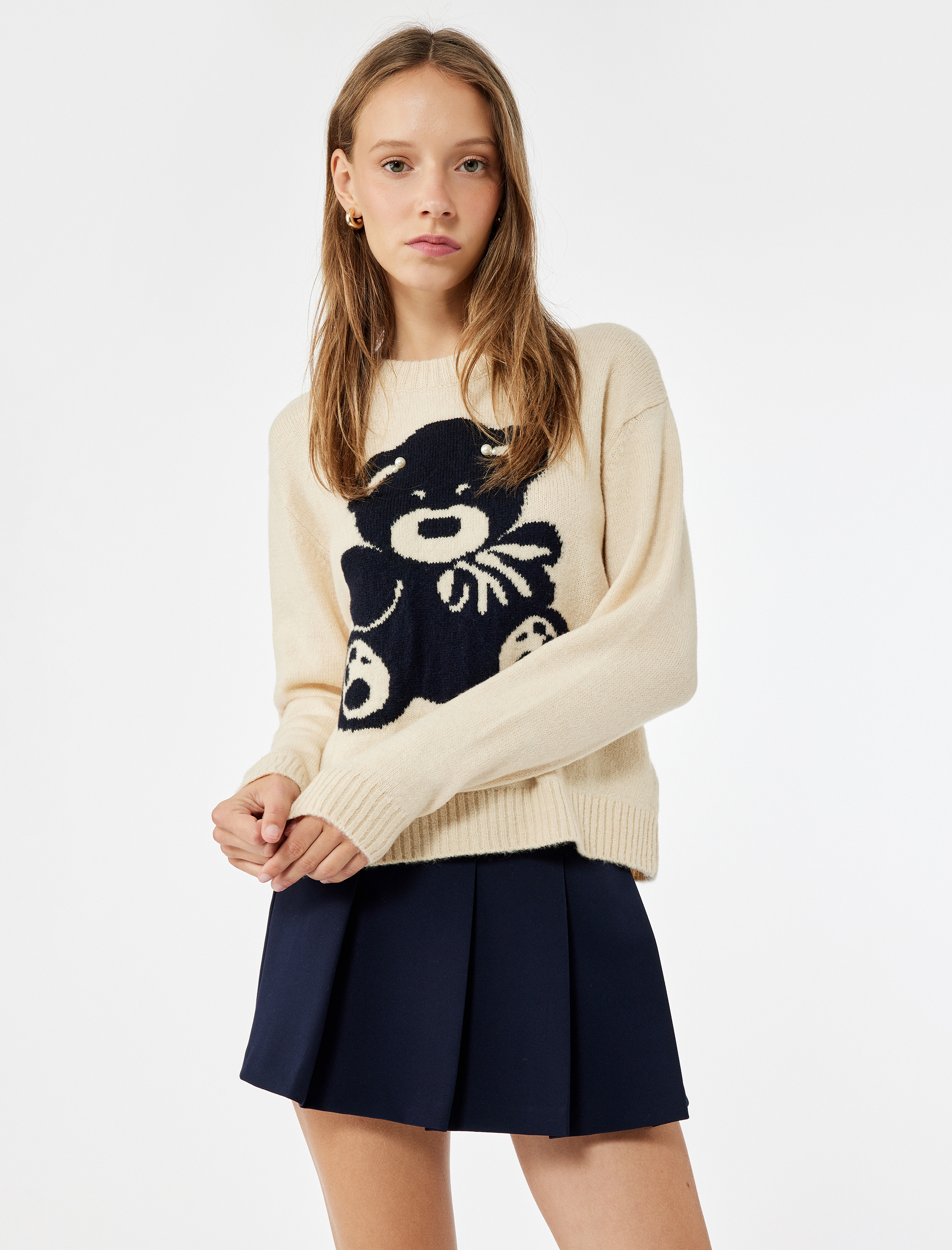   Ayıcık İşlemeli Uzun Kollu Bisiklet Yaka Triko Kazak