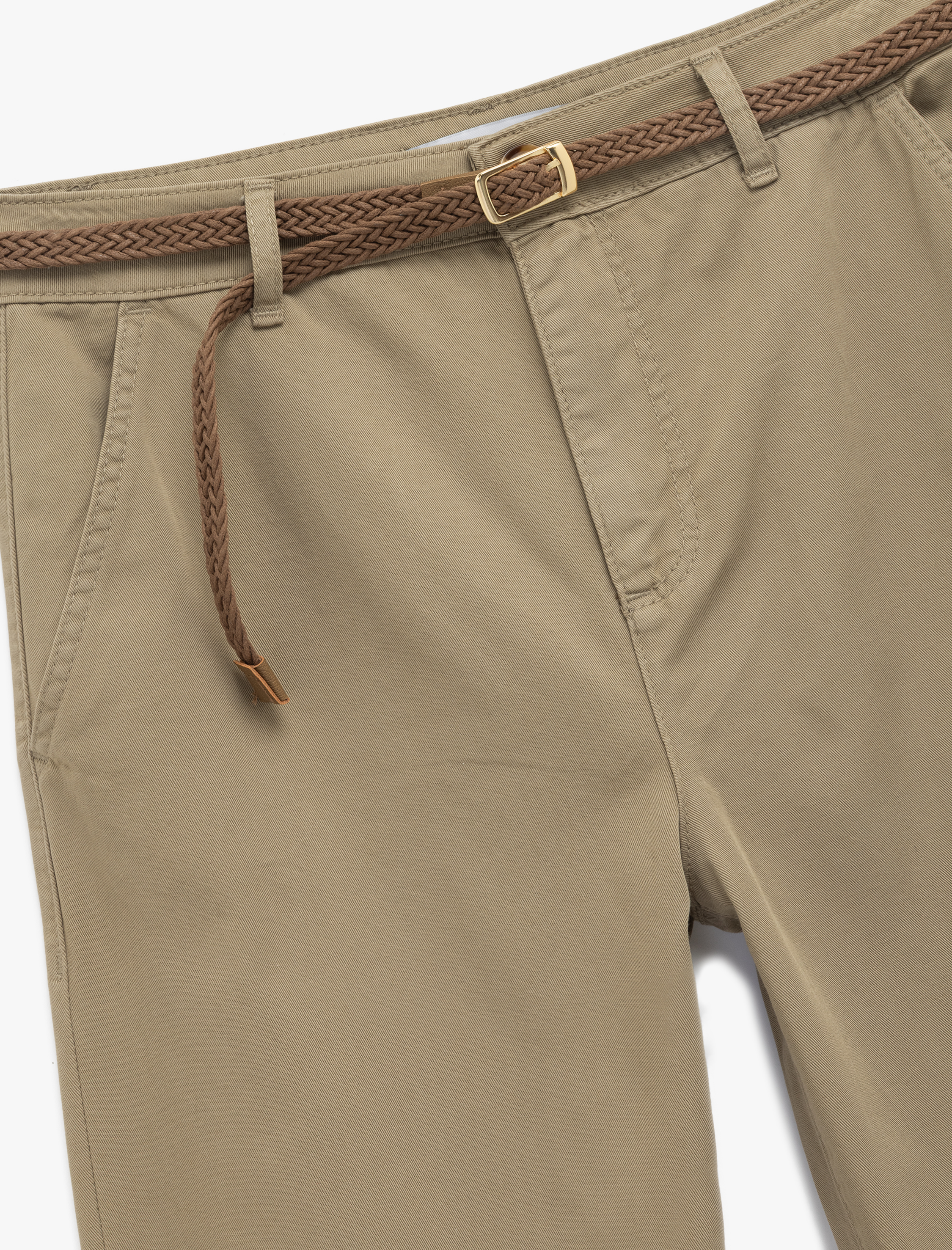   Yüksek Bel Duble Paça Pamuklu Kemerli Chino Pantolon