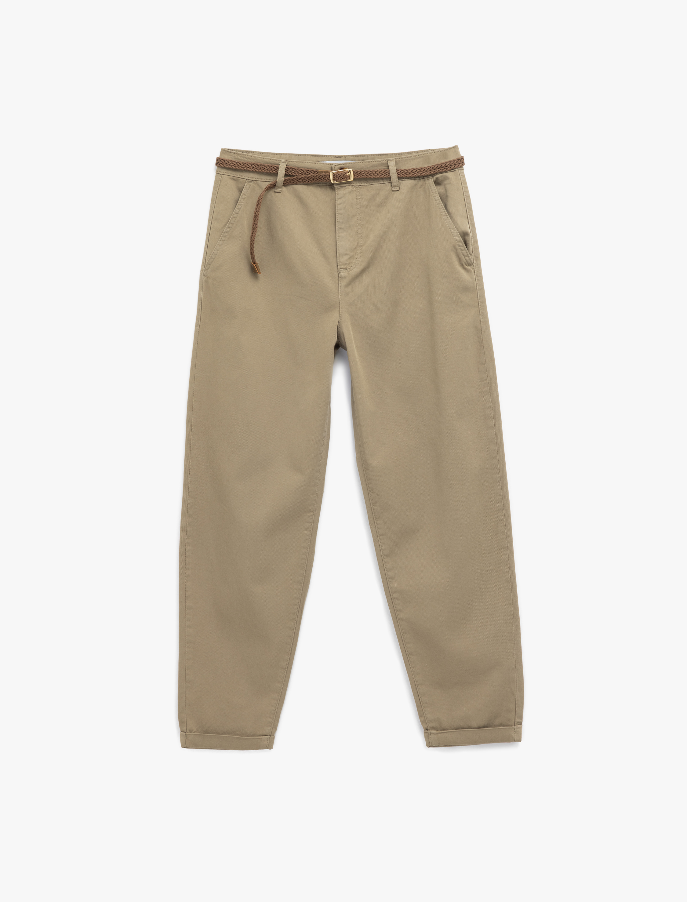   Yüksek Bel Duble Paça Pamuklu Kemerli Chino Pantolon