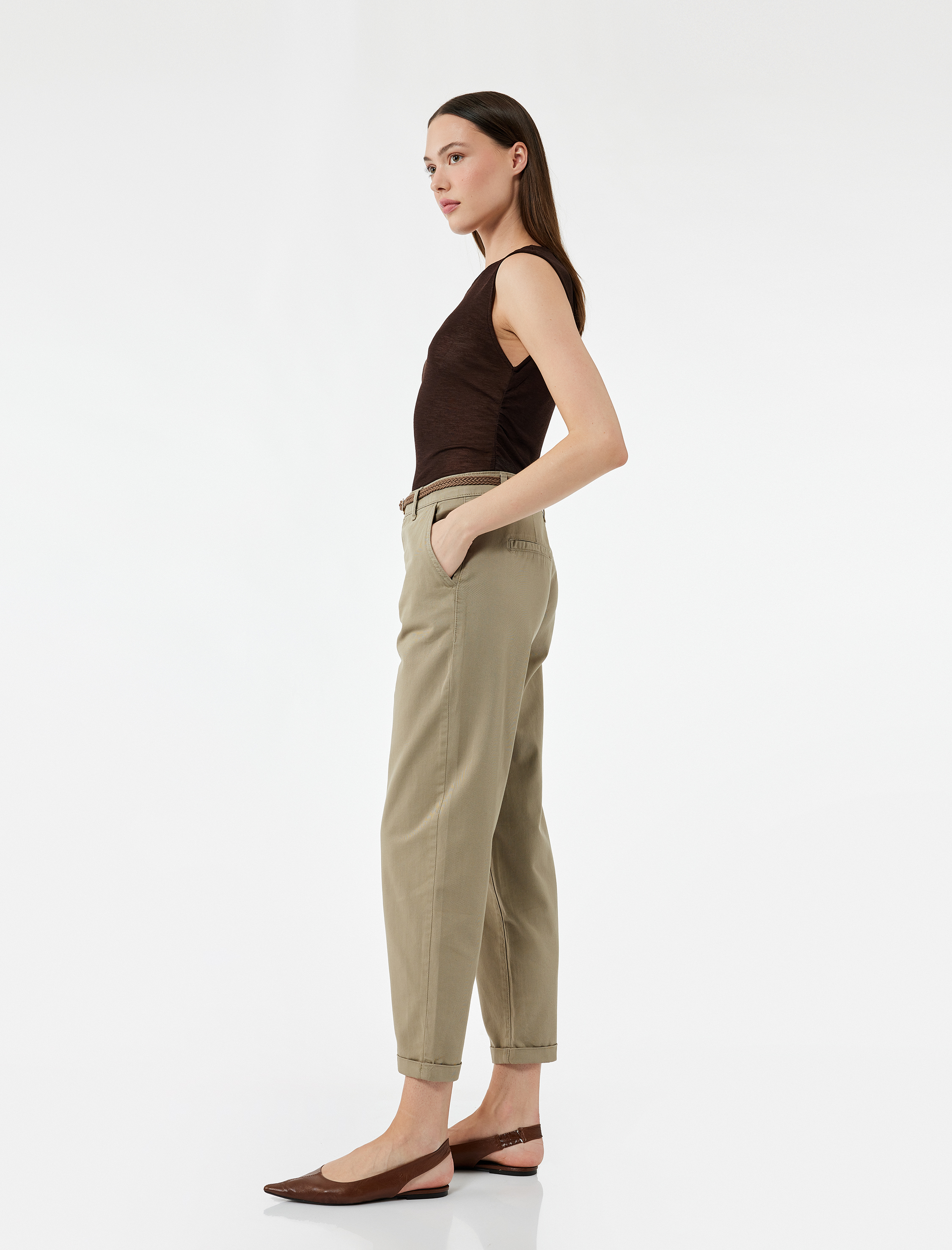   Yüksek Bel Duble Paça Pamuklu Kemerli Chino Pantolon