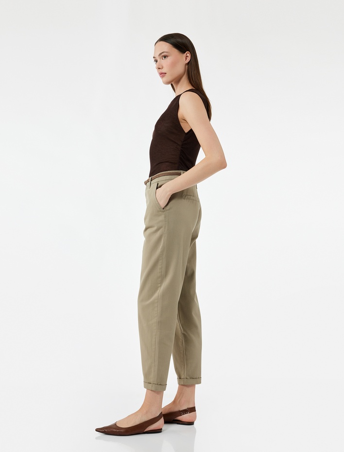  Yüksek Bel Duble Paça Pamuklu Kemerli Chino Pantolon