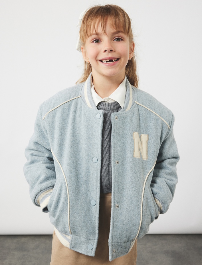 Kız Çocuk Uzun Kollu Bisiklet Yaka Cepli Düğmeli Kaşe Kolej Ceket