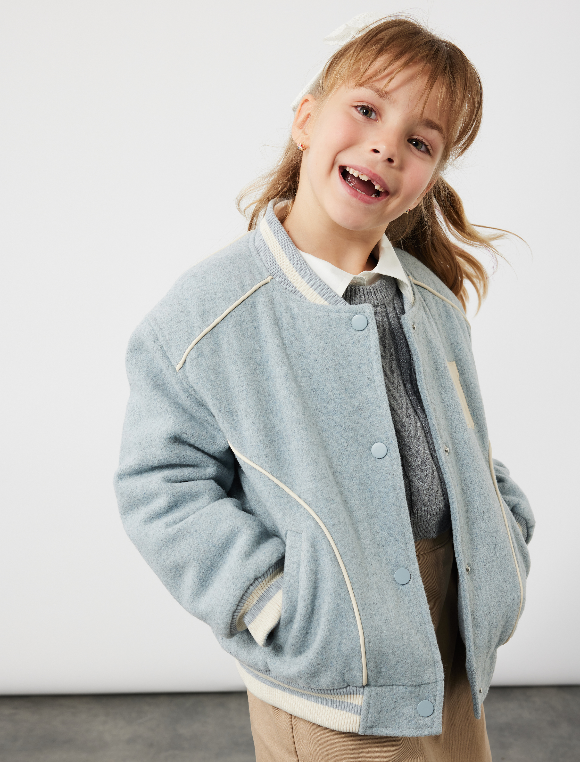  Kız Çocuk Uzun Kollu Bisiklet Yaka Cepli Düğmeli Kaşe Kolej Ceket