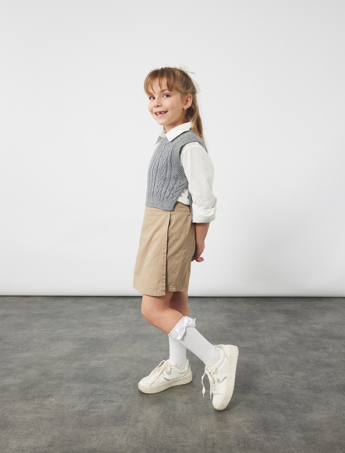 Kız Çocuk Gömlek Detaylı Uzun Kollu Pamuklu Örgü Süveter