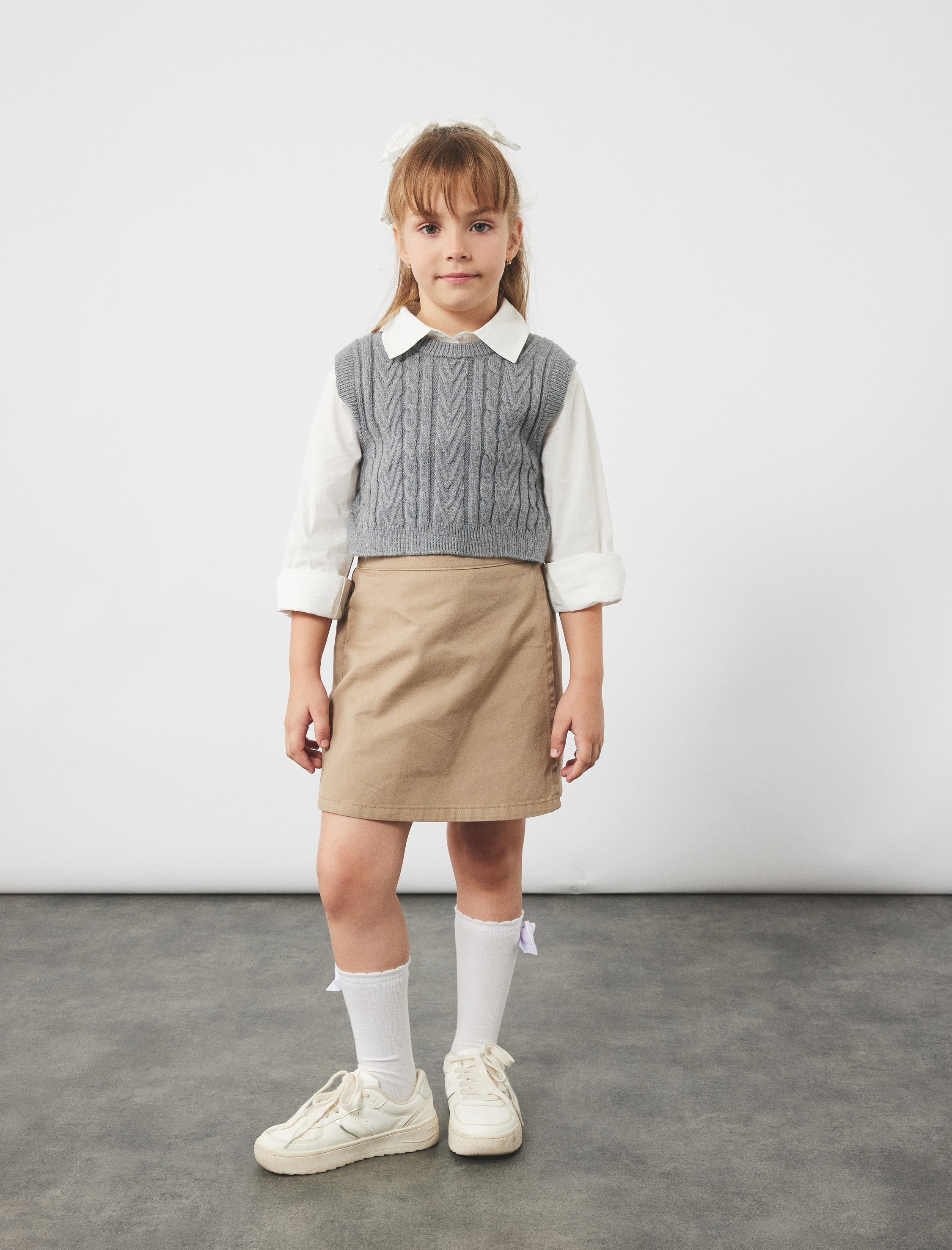  Kız Çocuk Gömlek Detaylı Uzun Kollu Pamuklu Örgü Süveter