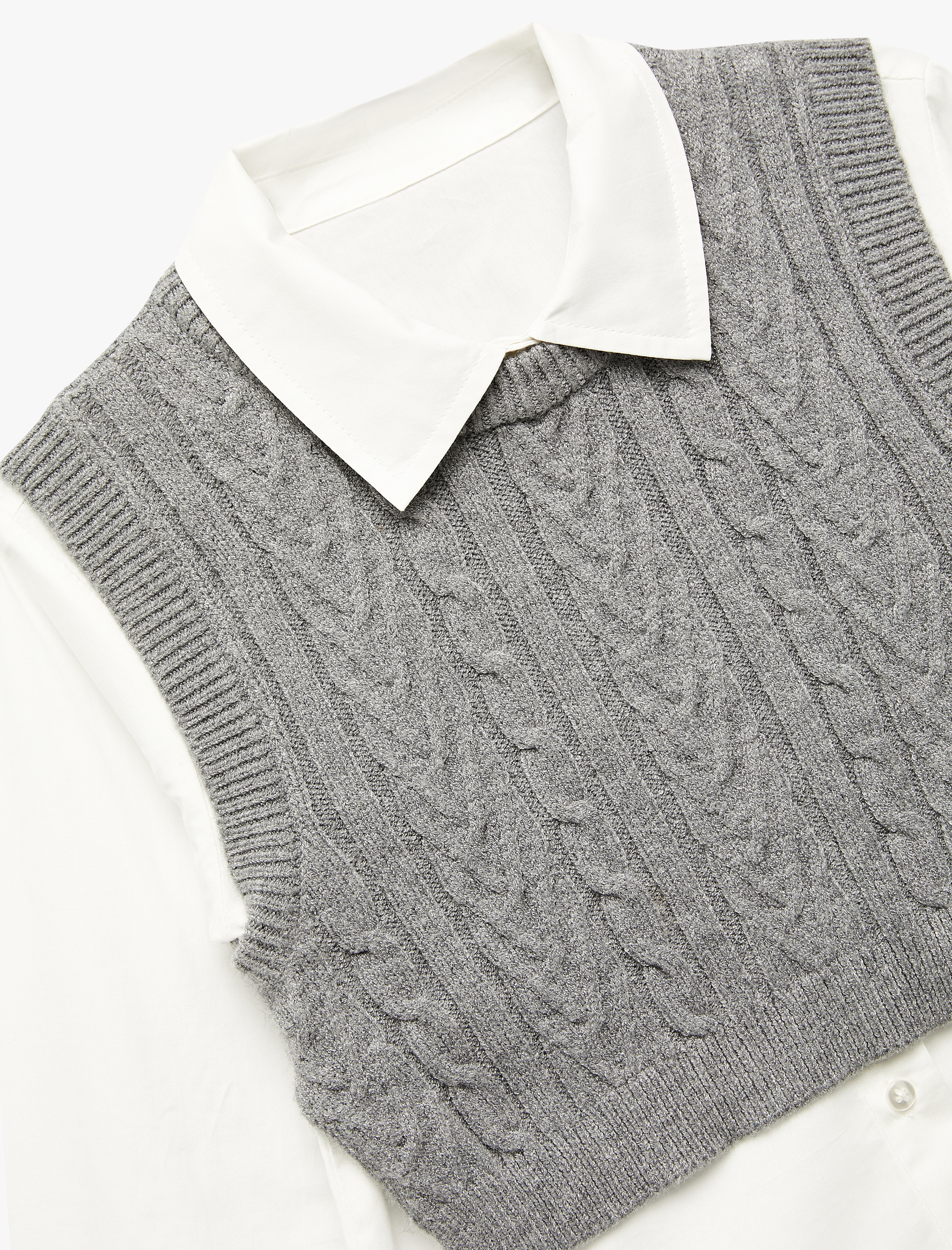  Kız Çocuk Gömlek Detaylı Uzun Kollu Pamuklu Örgü Süveter