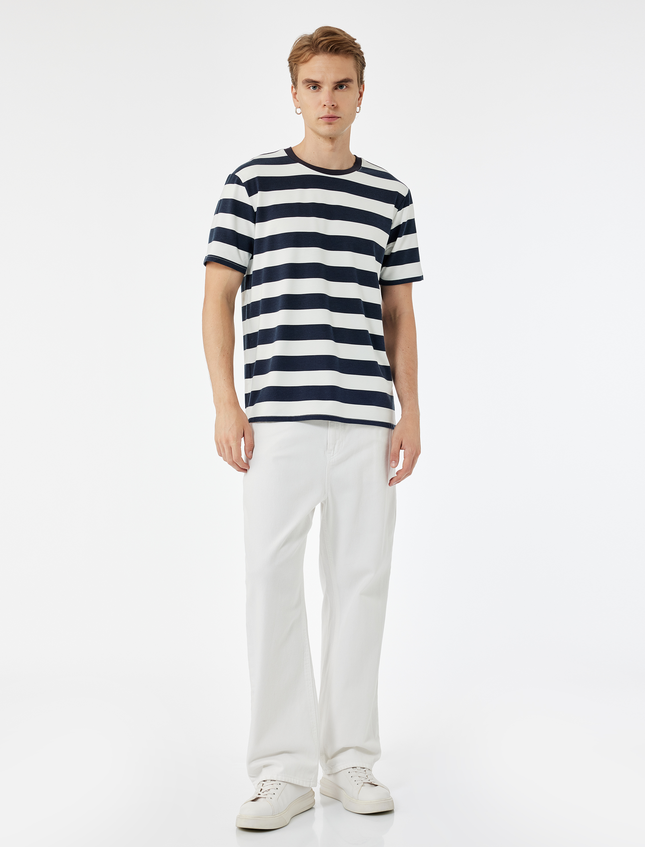   Regular Fit Kısa Kollu Tok Kumaş Çizgili Bisiklet Yaka Tişört