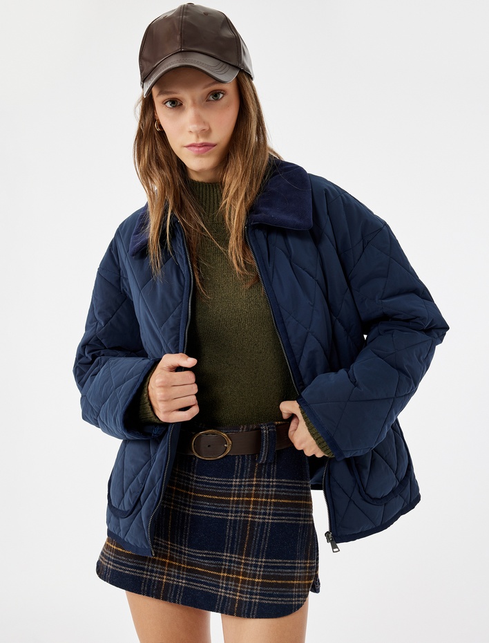  Uzun Kollu Fermuarlı Cep Detaylı Klasik Yaka Kapitone Ceket