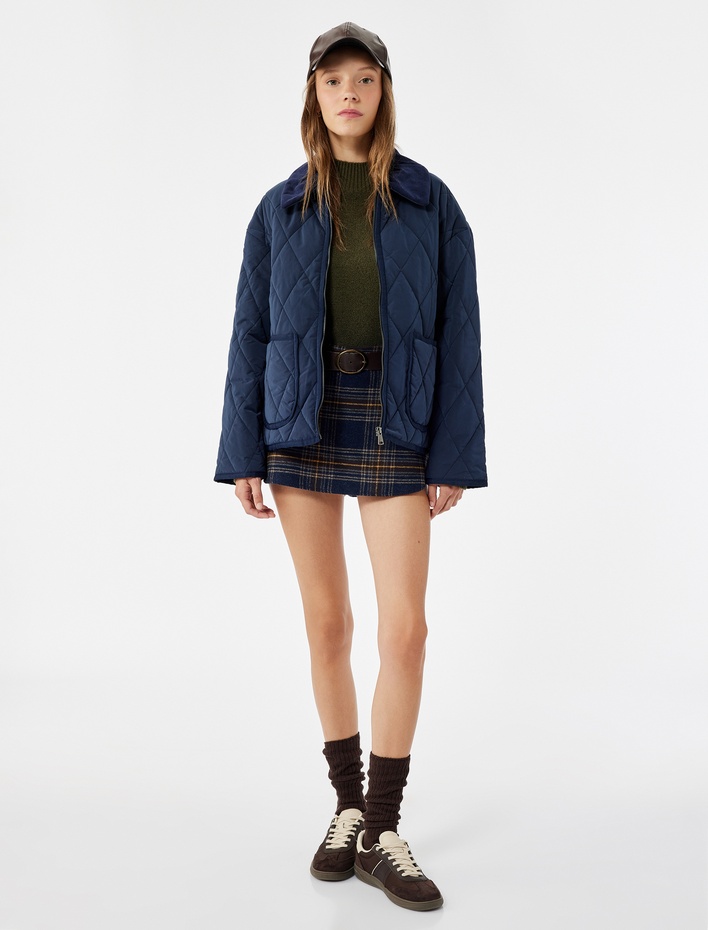  Uzun Kollu Fermuarlı Cep Detaylı Klasik Yaka Kapitone Ceket