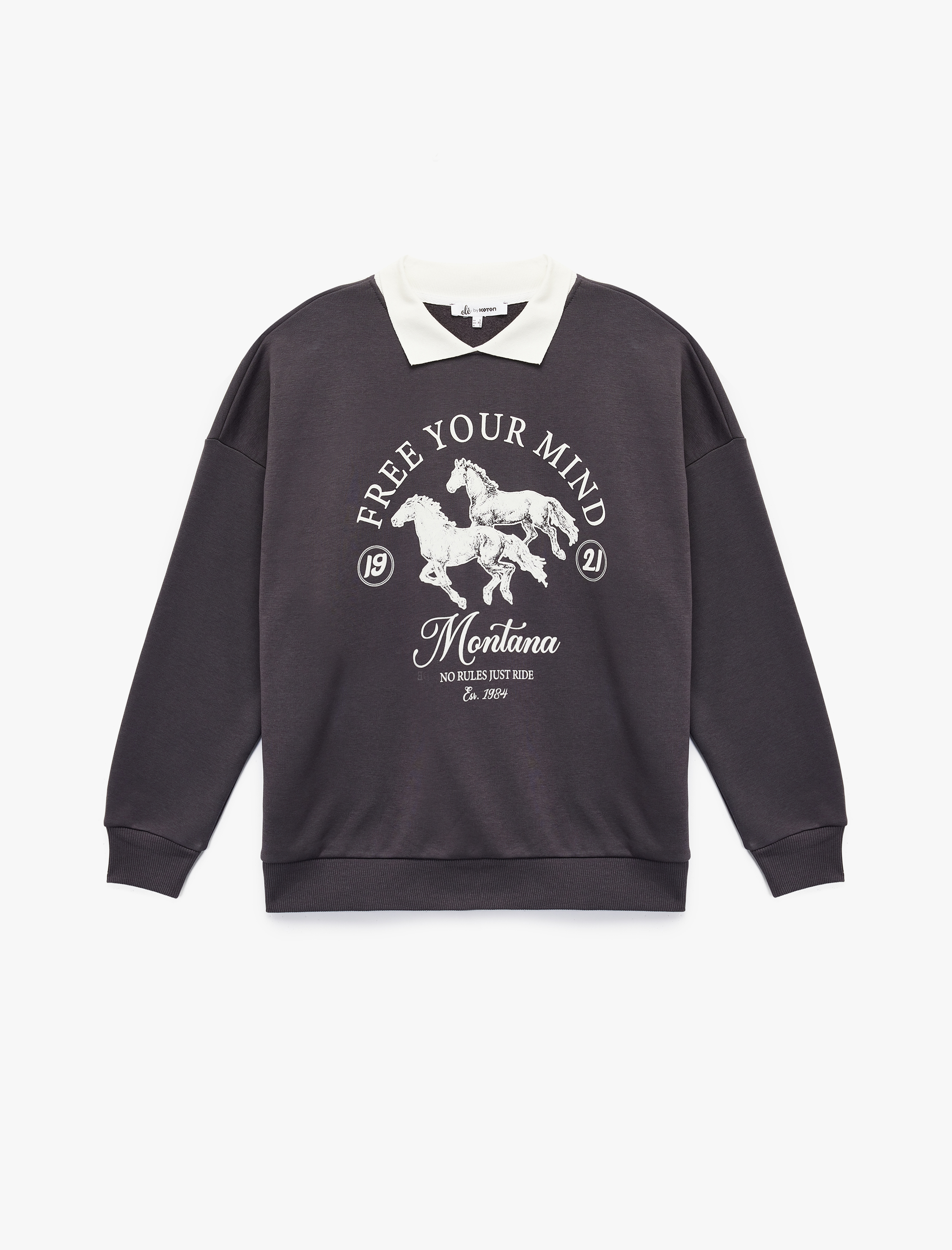   Polo Yaka Uzun Kollu Baskılı Oversize Sweatshirt