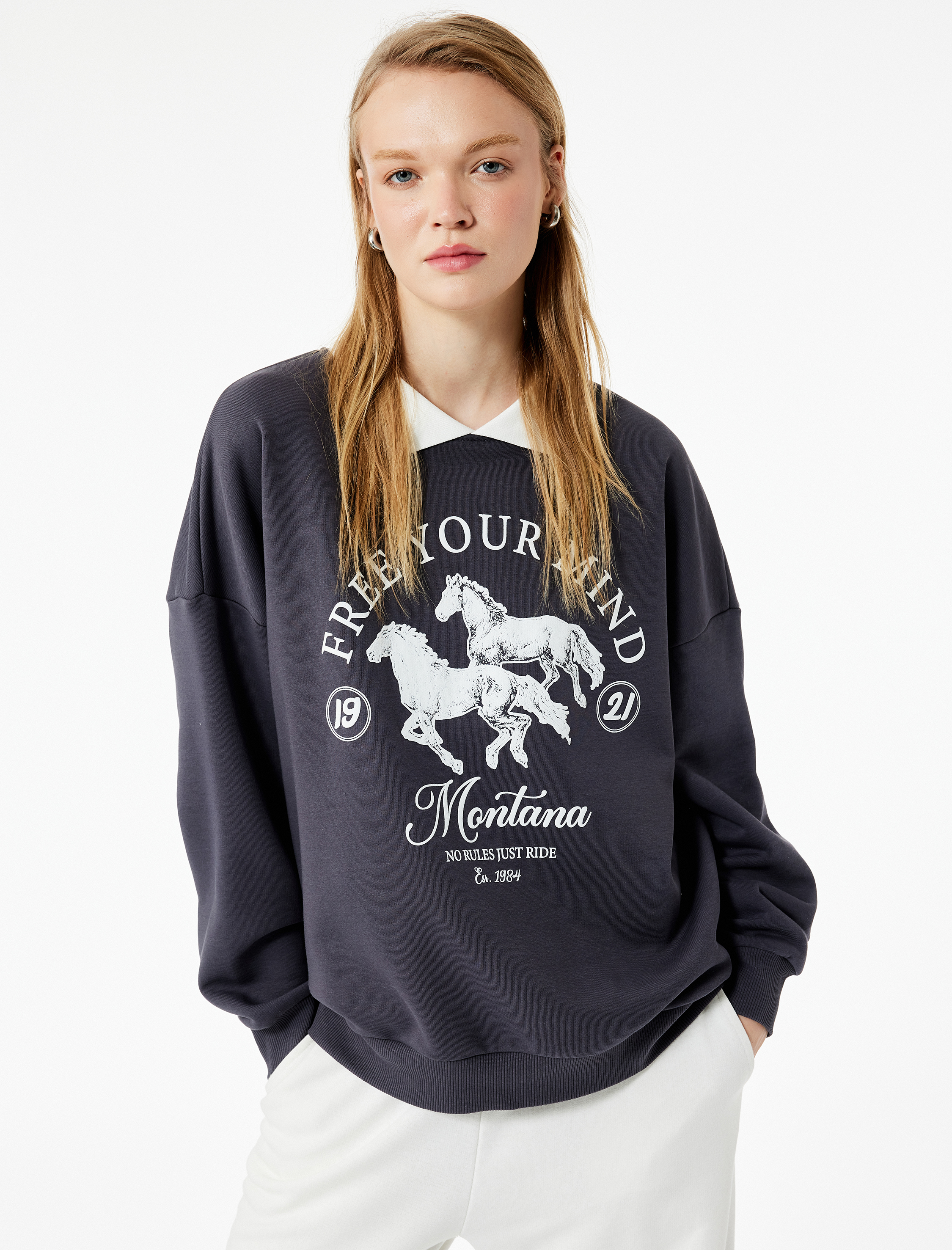   Polo Yaka Uzun Kollu Baskılı Oversize Sweatshirt