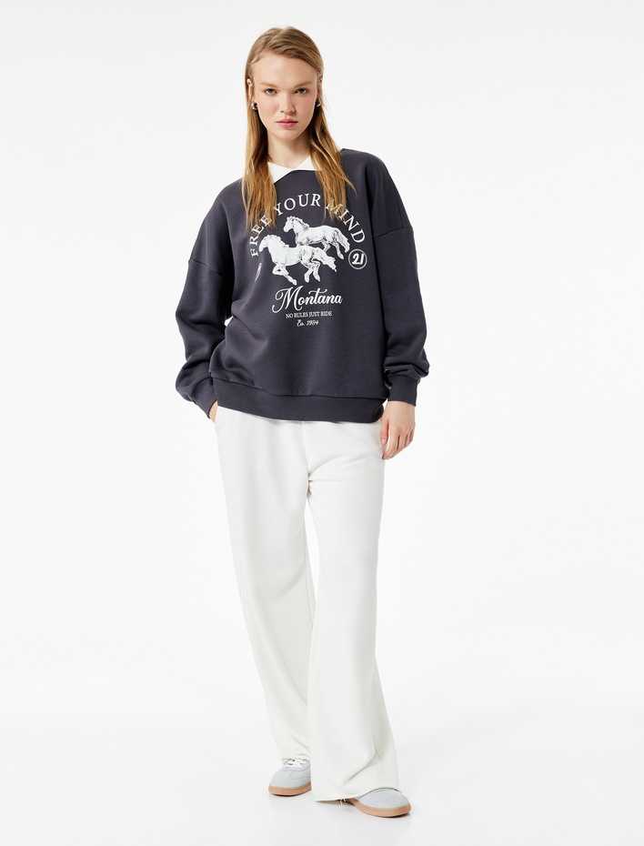  Polo Yaka Uzun Kollu Baskılı Oversize Sweatshirt