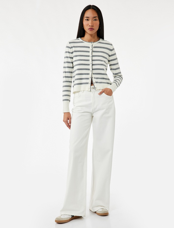  Uzun Kollu Bisiklet Yaka Çizgili Triko Hırka