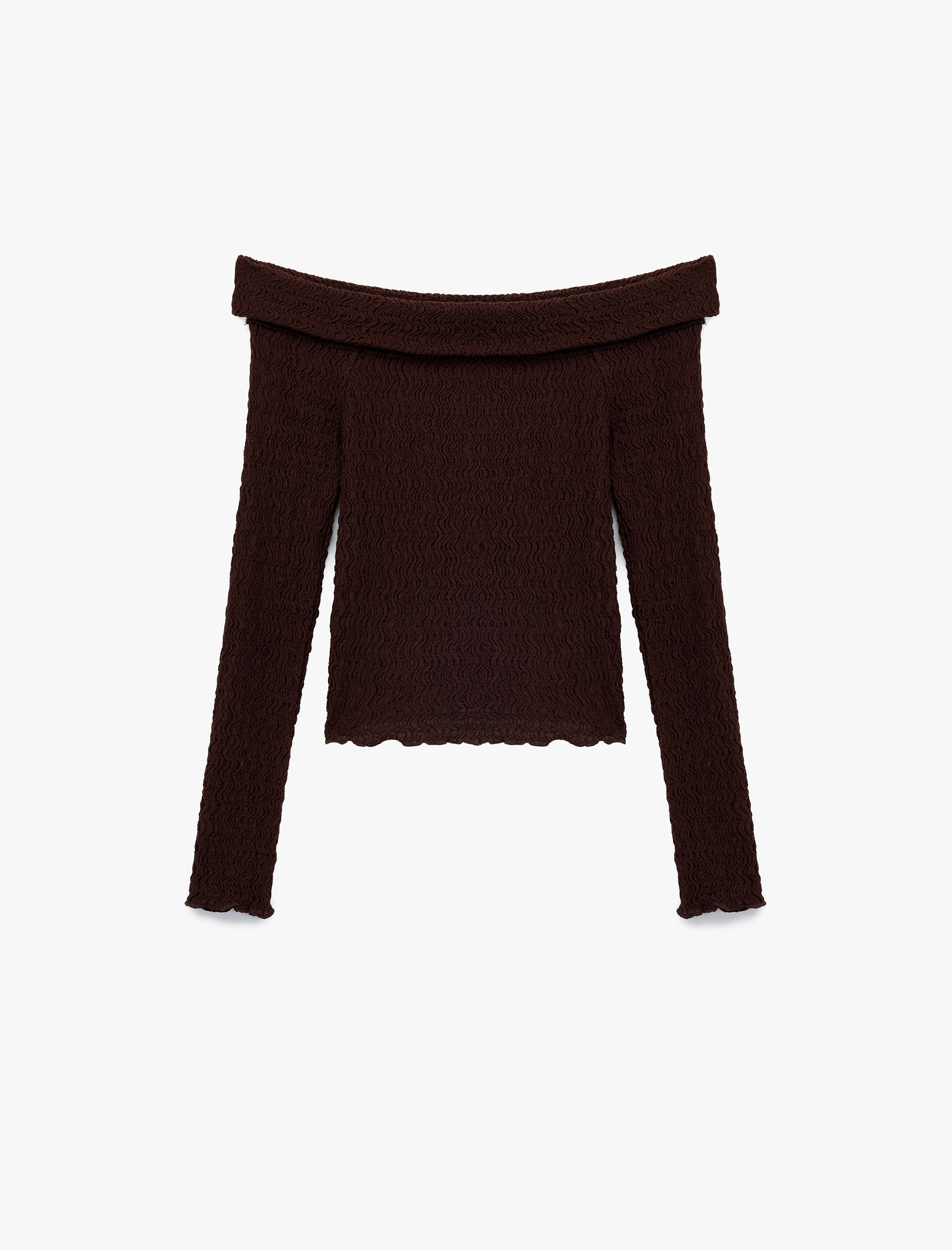   Slim Fit Dokulu Omzu Açık Uzun Kollu Tişört