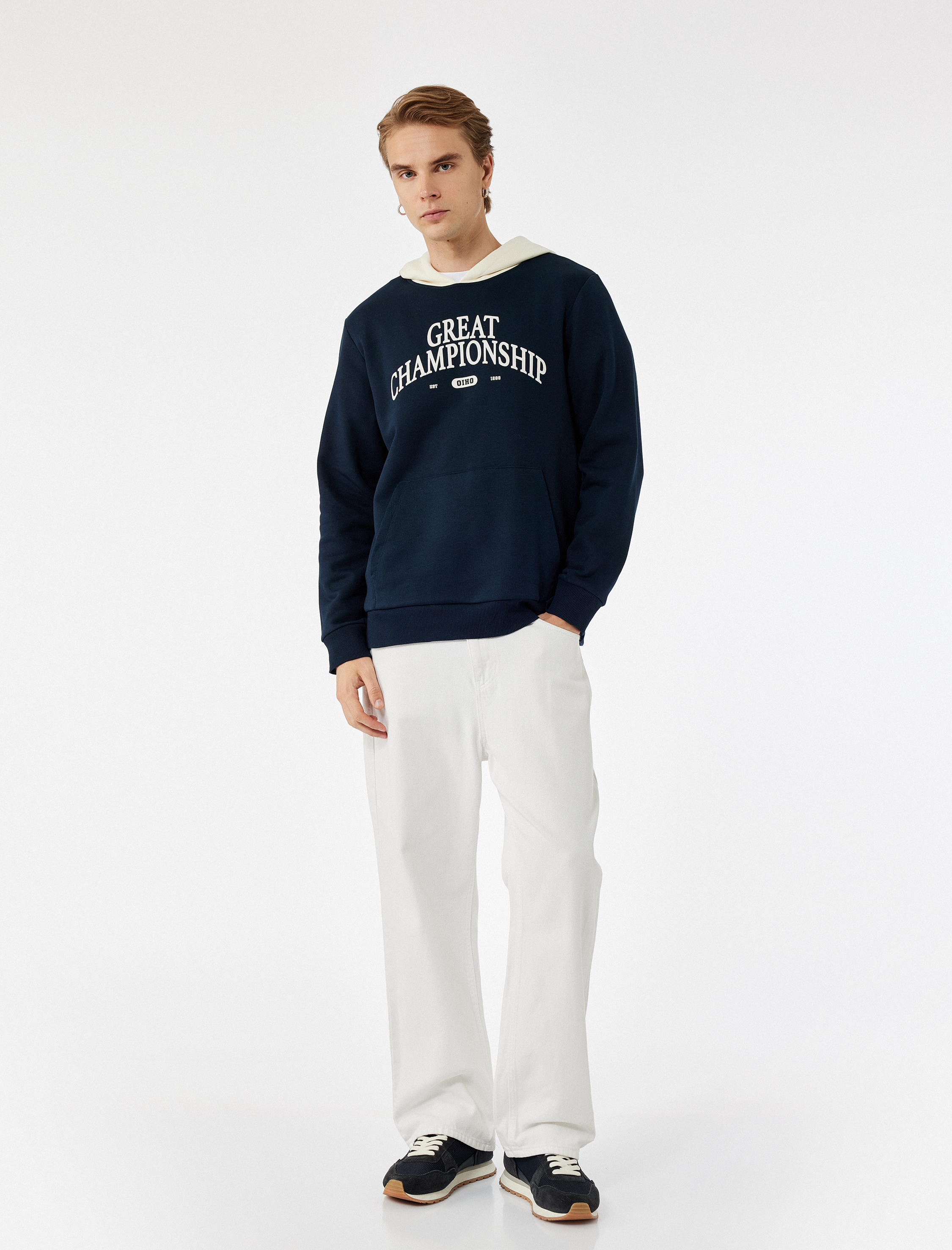   Kanguru Cepli Uzun Kollu Baskılı Şardonlu Renk Kontrastlı Kapşonlu Sweatshirt