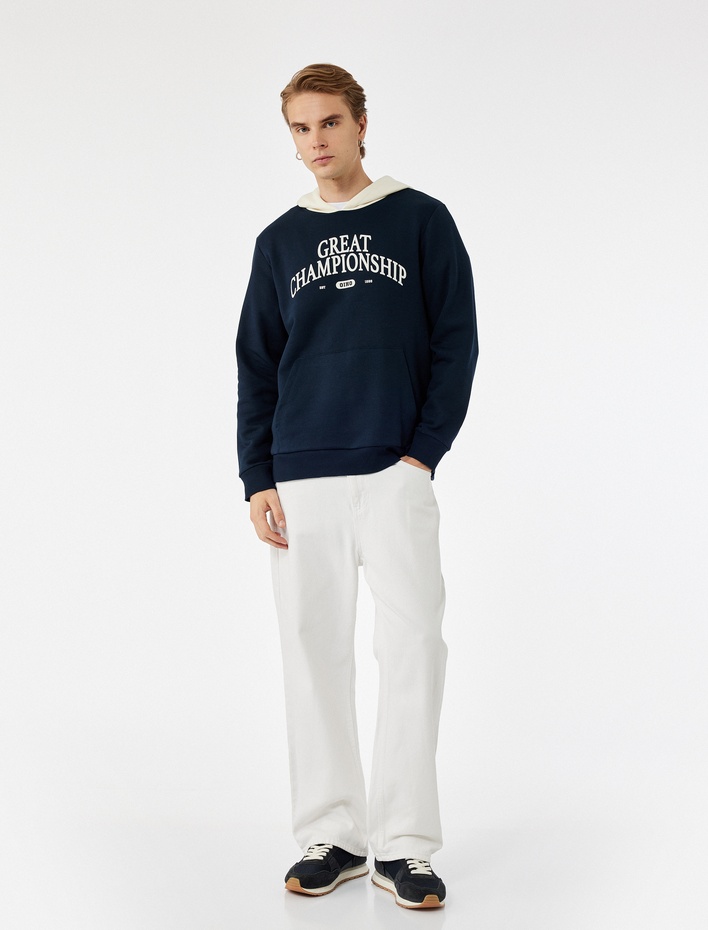  Kanguru Cepli Uzun Kollu Baskılı Şardonlu Renk Kontrastlı Kapşonlu Sweatshirt