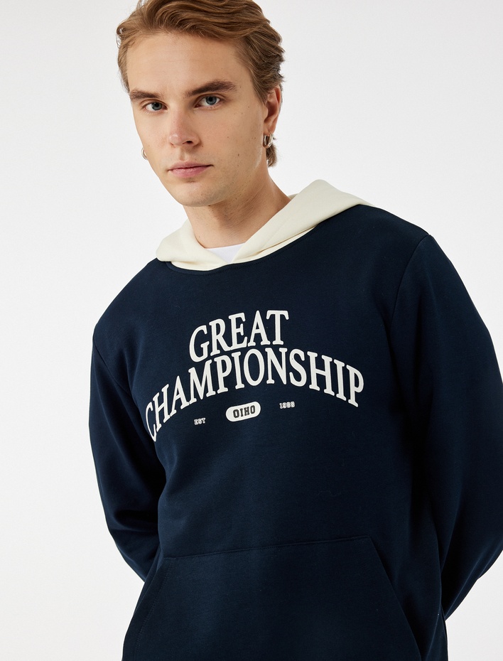  Kanguru Cepli Uzun Kollu Baskılı Şardonlu Renk Kontrastlı Kapşonlu Sweatshirt