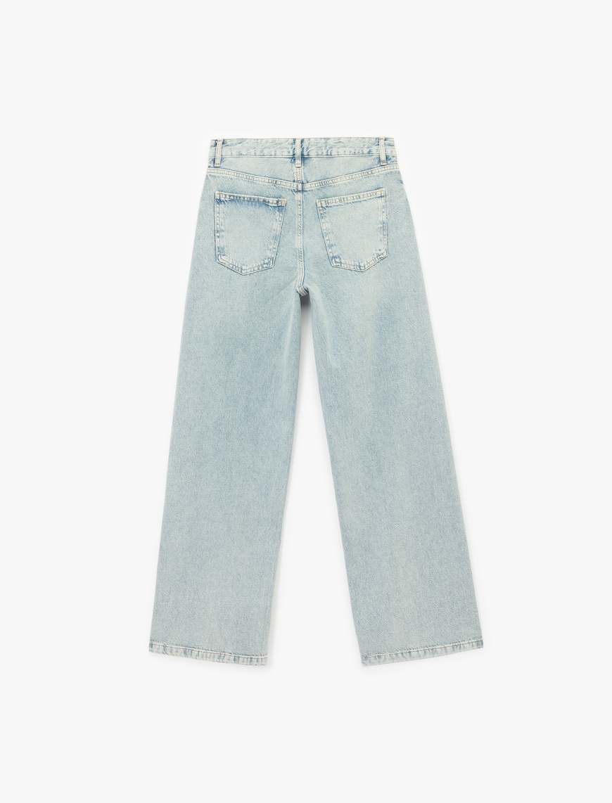   Normal Bel Geniş Paça Taş Detaylı Pamuklu Jean Pantolon - Wide Leg Jeans