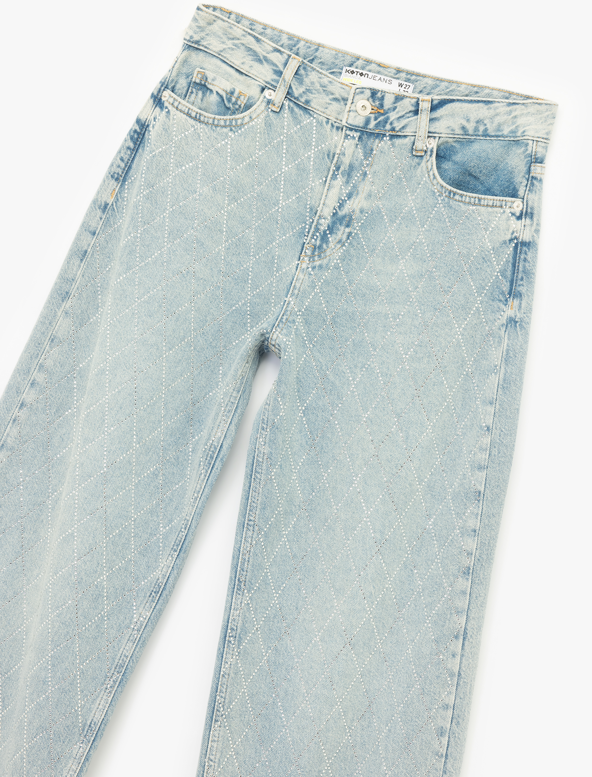   Normal Bel Geniş Paça Taş Detaylı Pamuklu Jean Pantolon - Wide Leg Jeans