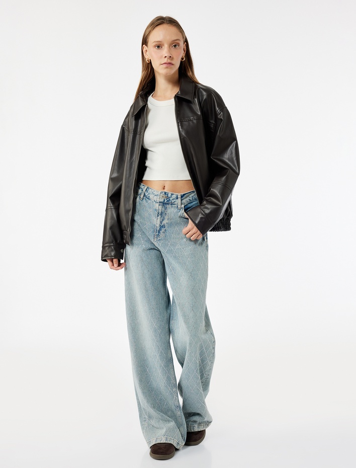  Normal Bel Geniş Paça Taş Detaylı Pamuklu Jean Pantolon - Wide Leg Jeans